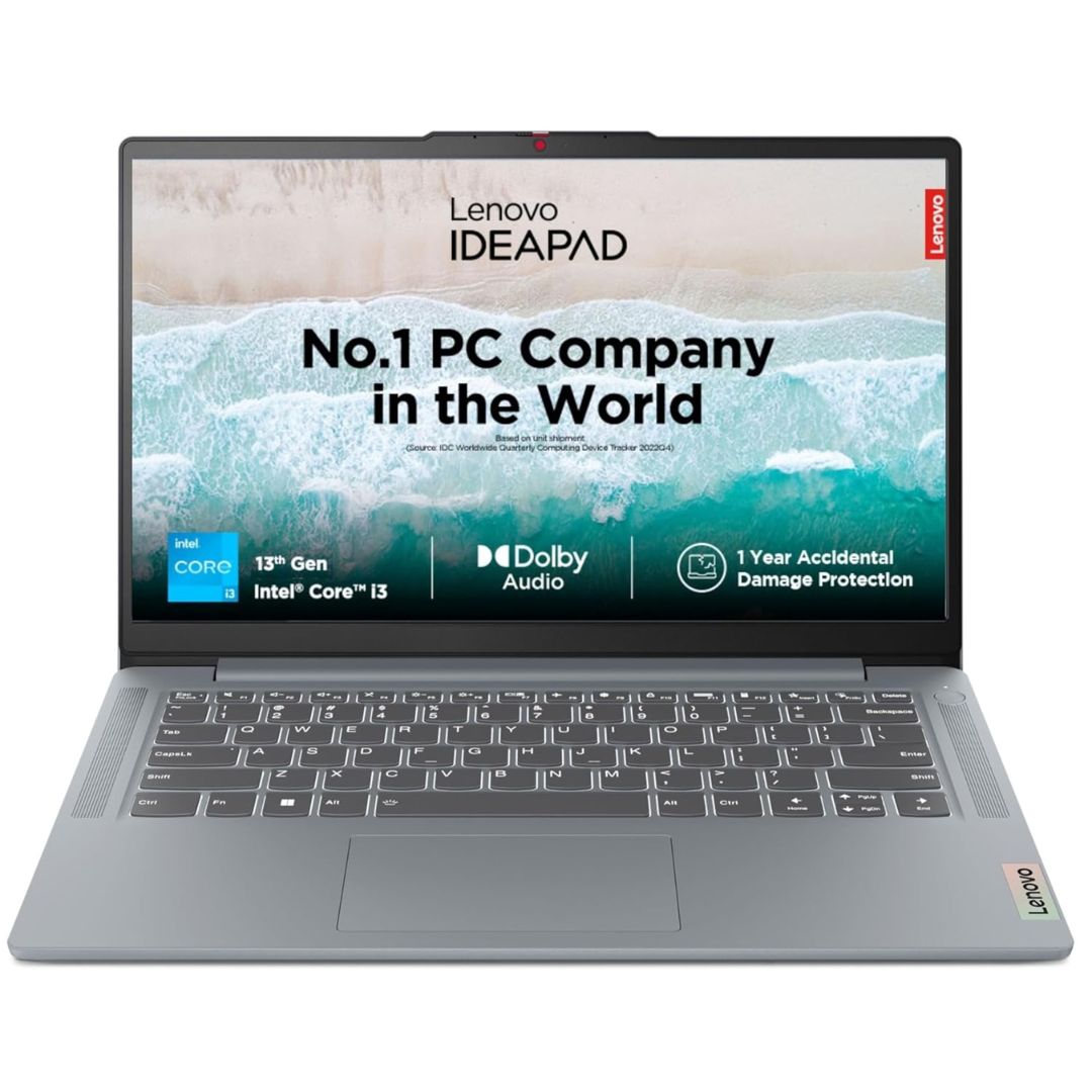 Lenovo IdeaPad Slim 3 Core i3 Laptop Online Price in India with i3-1315U, 8GB RAM, 512GB SSD, 14-inch FHD display, Windows 11, and MS Office 2024.